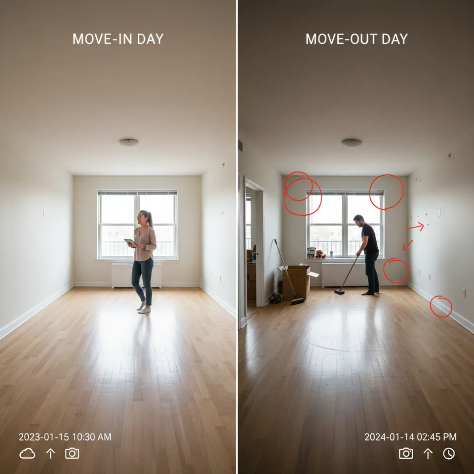 A side-by-side collage of an apartment room at move-in and move-out: each photo stamped with date/time, showing the same walls, floors, and fixtures; highlighted marks or scratches; and small icons for cloud backup and photo timestamps.