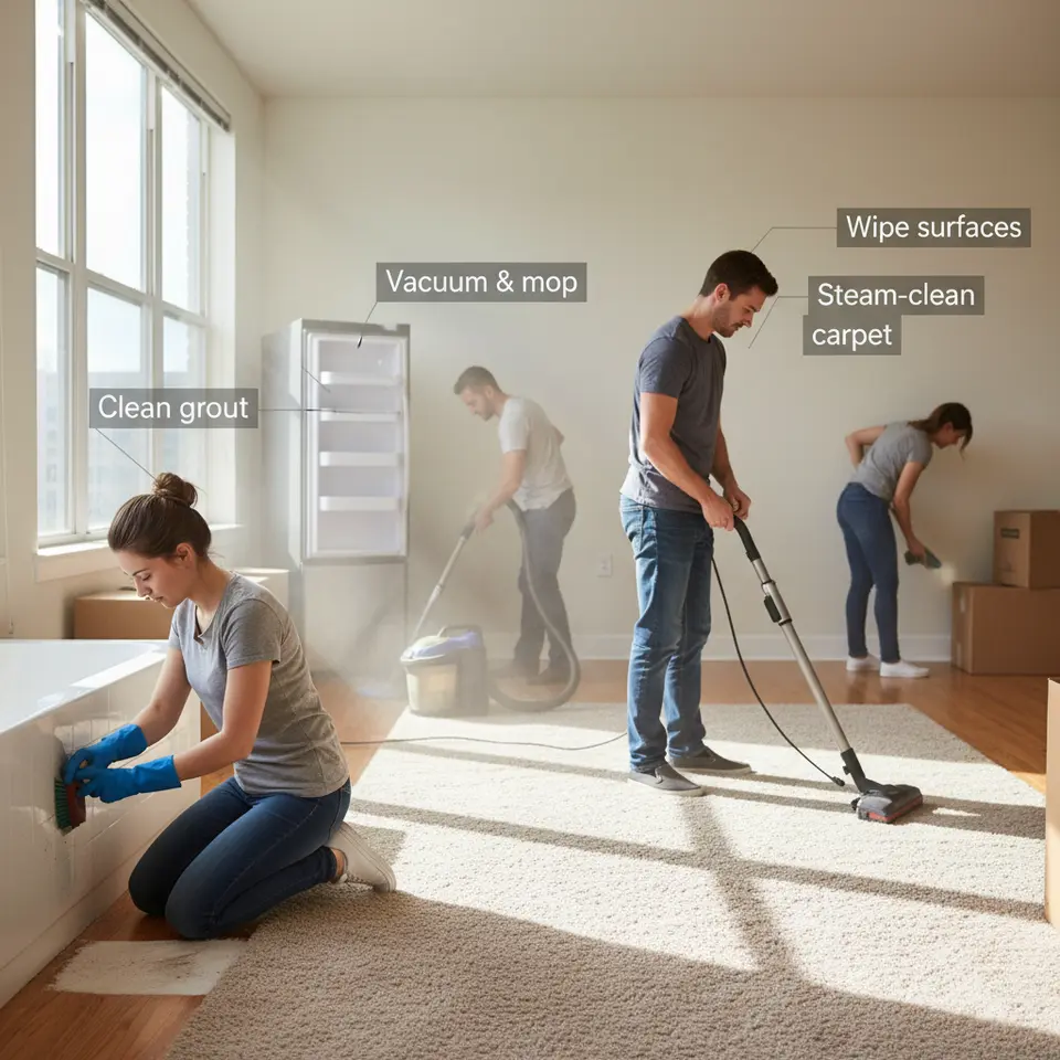 A dynamic move-out cleaning scene: a tenant vacuuming behind a refrigerator, mopping a hardwood floor, scrubbing bathroom tiles, wiping baseboards, and steam-cleaning a carpet—each action paired with a floating checklist label (e.g., “Vacuum & mop,” “Clean grout,” “Wipe surfaces”).