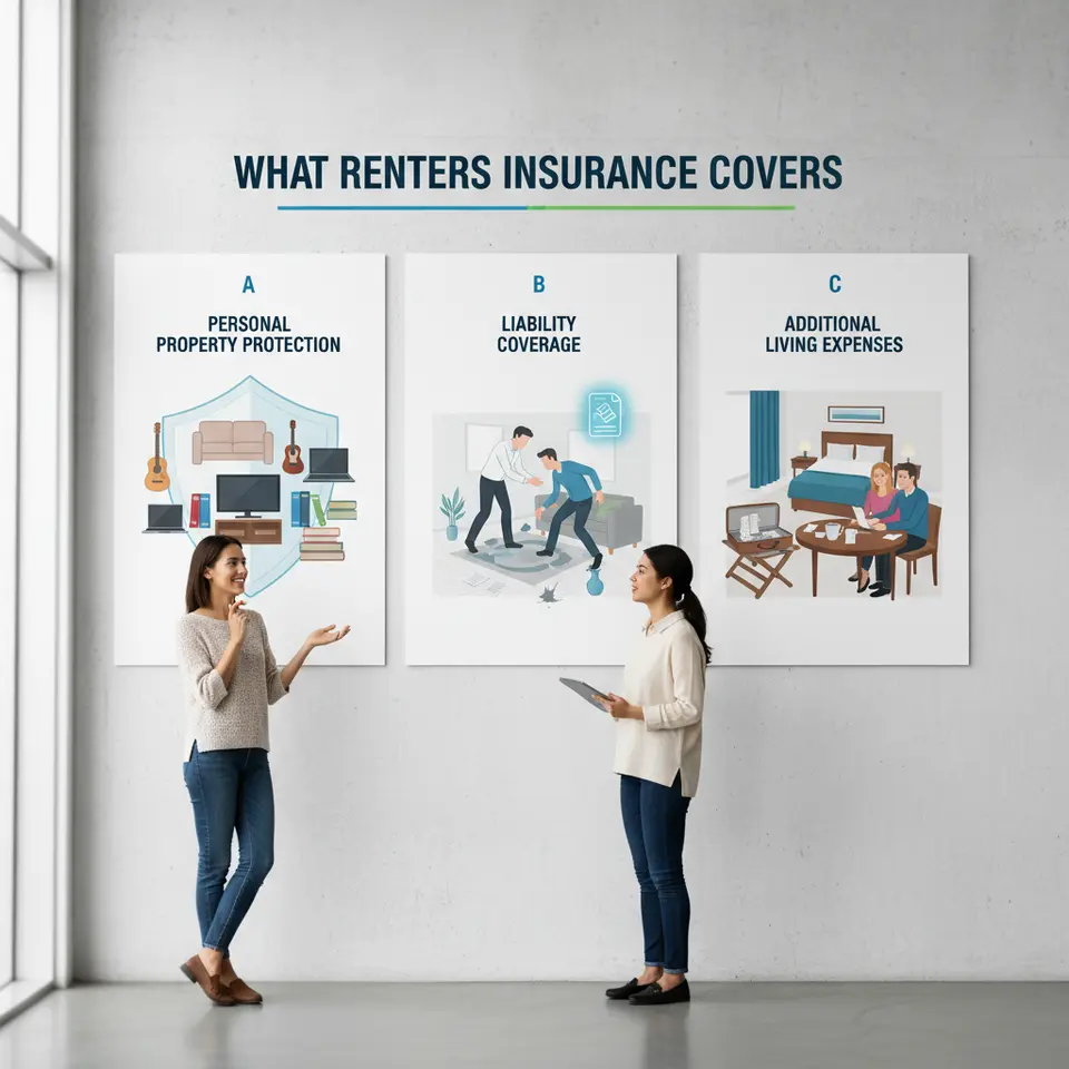 Three-part infographic illustrating ‘What Renters Insurance Covers’: a) personal property protection showing furniture and electronics under a shield, b) liability coverage scenario with a guest and legal document icon, and c) additional living expenses depicted as a temporary hotel room and meal receipts
