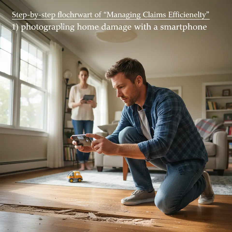 Step-by-step flowchart of ‘Managing Claims Efficiently’: 1) photographing home damage with a smartphone, 2) filing a claim via insurer’s mobile app or hotline, 3) submitting an itemized inventory with receipts, and 4) coordinating an on-site inspection with an insurance adjuster